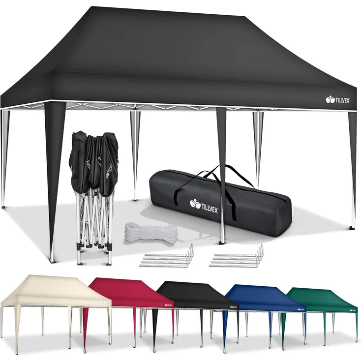tillvex Pavillon 3x6m - mit 3 Seitenwänden Schwarz wasserdicht | Pop-Up Faltpavillon höhenverstellbar | Gartenzelt UV Schutz 50+ | Partyzelt mit Tasche für Garten – Bild 1