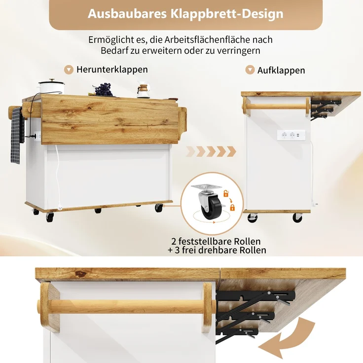 EINHOM Küchenwagen mit Ausklappbarer Arbeitsplatte & Stromanschluss, Mobiler Kücheninselschrank mit Rollen, Weiß-Holzoptik, Belastbar bis 70 kg – Bild 6