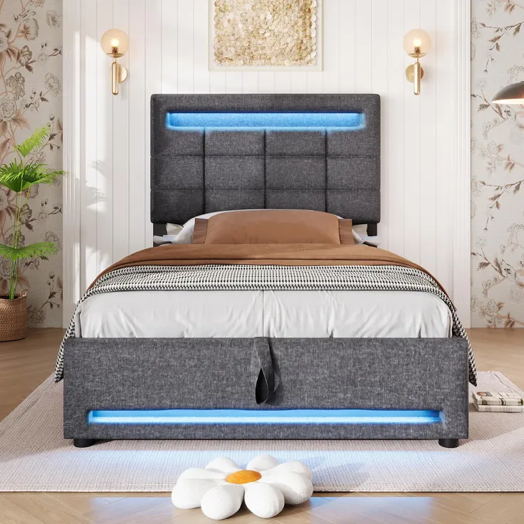 Softweary Polsterbett, 90x200 cm, mit LED-Beleuchtung, USB Anschlüssen und Stauraum, Leinen grau – Bild 3