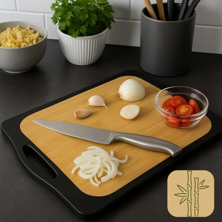 2er Set Schneidebrett Kunststoff und Bambus 2in1 Schneidbrett mit Anti-Rutsch Schneidebretter Küchenbrett Bambus Schneidebrett Schwarz Rutschfest mit Griffloch – Bild 4