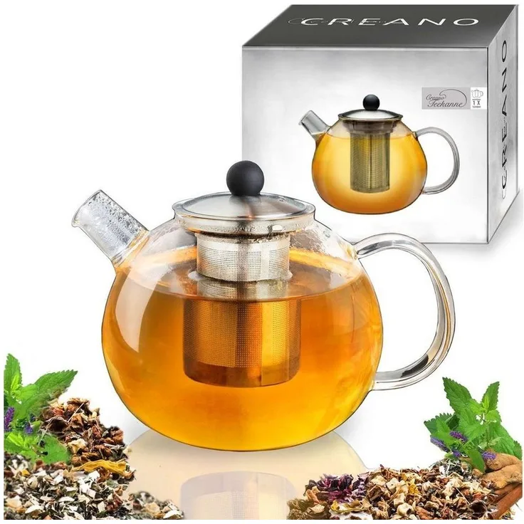 Creano Teekanne Creano Teekanne mit Siebeinsatz aus Glas 1,6l - Glasteekanne mit Edels, 1x Glasteekanne