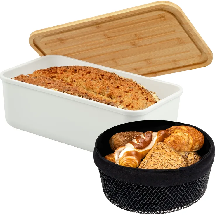 2tlg. Brotaufbewahrungs-Set - Brotkasten und Brotkorb (Kunststoff/Metall, weiß)