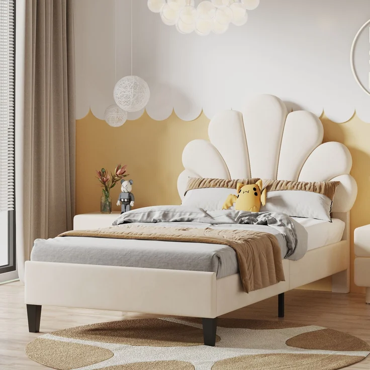 Polsterbett Kinderbett 90x200 cm, Bettgestell mit Kopfteil in Blumenform und Lattenrost, Teenie-Mädchenbett in hautfreundlichem Samtstoff, Gästebett (Farbe: Beige) – Bild 2