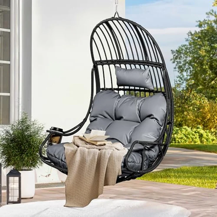 YITAHOME Rattan Hängesessel 150kg, mit Kissen & Getränkehalter, Grau – Bild 1