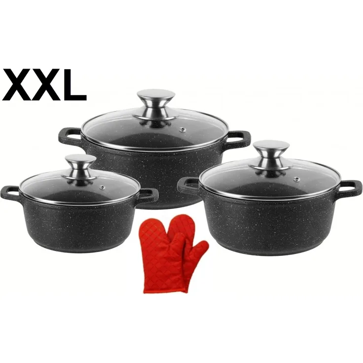 XXL Kochtopf Kasserolle Topf Set 6-tlg schwarz Glasdeckel Cheffinger CF-DCS-02