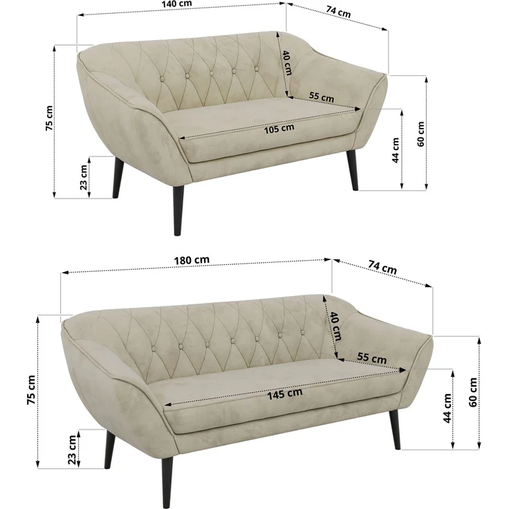Skandinavisches Sofa Set PIRS 3-2, Komplettset, Wellenfederung, schwarze Füße, Sitzgruppe, Polstermöbel Set - Beige Velvet – Bild 5