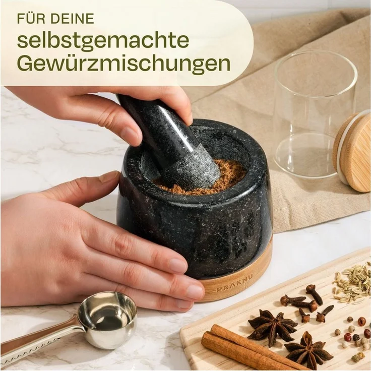 Praknu Mörser Granit Mörser mit Stößel klein - Für ein besonders feines Mahlergebnis, Granit-Mörser mahlt Gewürze fein, angeraute Innenseite, geruchsneutral – Bild 2