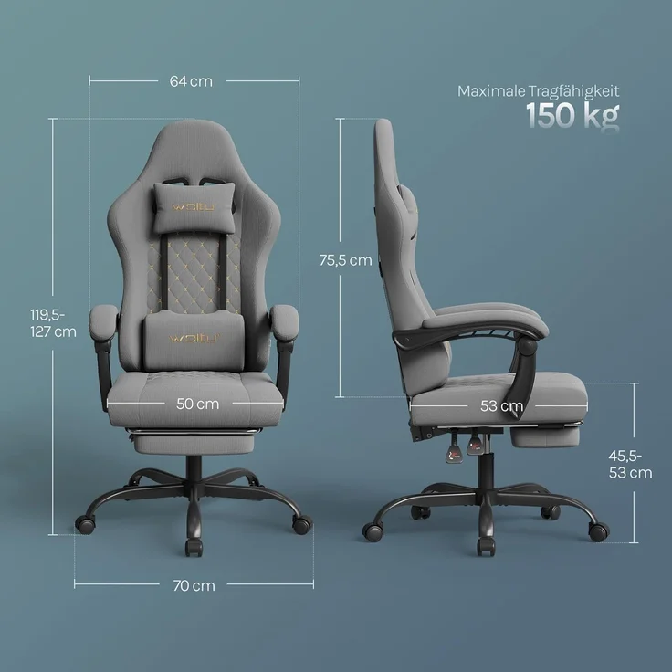 WOLTU Gaming Stuhl mit Massagefunktion, Computerstuhl mit Taschenfederkissen, Gamer Sessel ergonomisch, Drehstuhl mit Kopfkissen, Lendenkissen, Fußstütze, 150 kg, Netzstoff, Grau + Gelb, GS08gr – Bild 3