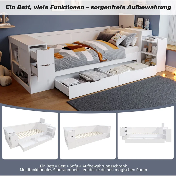 CHICFURN Bett aus MDF Weiß 140x200 cm mit Stauraum und Lattenrost – Bild 4