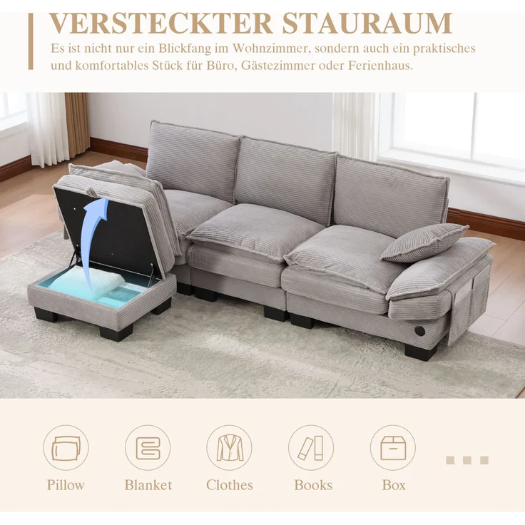 DESVIAE Sofa 3-Sitzer mit Hocker und USB-C-Anschluss 260x84x132 cm Cord Hellgrau – Bild 4