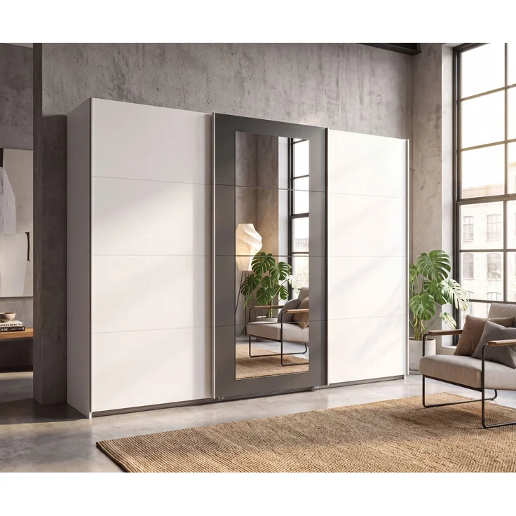 Schwebetürenschrank 3-trg Kleiderschrank 313 cm in Weiß Spiegel umrahmt in Grafit – Bild 3