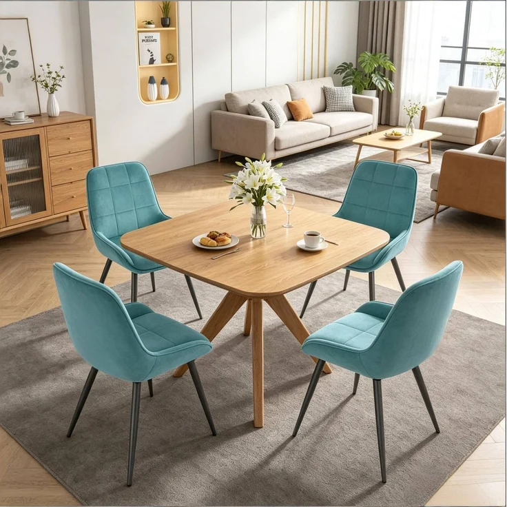Essstuhl-Set 4er 81,5 cm in Turkis mit Samtbezug und Metallgestell – Bild 4