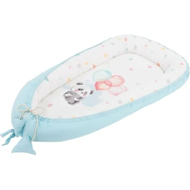 Joyz Babynest, Panda Hellblau, 90x50 cm, Baumwolle, zweiseitig, antiallergisch, tragbar, Multifunktionale Babynestchen, Kokon für Babys & Säuglinge, Baby Nest Babybett Neugeborene Kuschelnest Reisebett – Bild 1