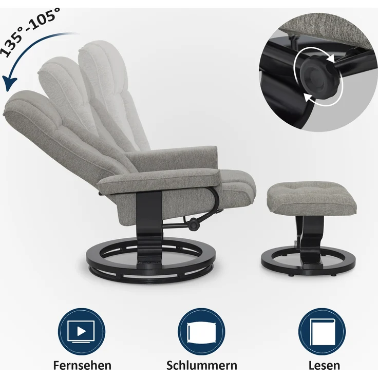 M MCombo Relaxsessel mit Hocker, 360° Drehbarer Fernsehsessel mit Liegefunktion, bis 120 Kg Belastbarer TV-Sessel, Moderner Ruhesessel für Wohnzimmer, Stoff, 9019 (Hellgrau-Stoff) – Bild 4