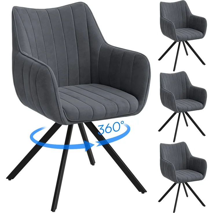 skølm 'Gymir' Esszimmerstühle, 4er Set, anthrazit, gepolsterter Leinenbezug mit Kanalsteppung, drehbar & höhenverstellbar, Polsterstühle mit Armlehnen, bis 150 kg belastbar