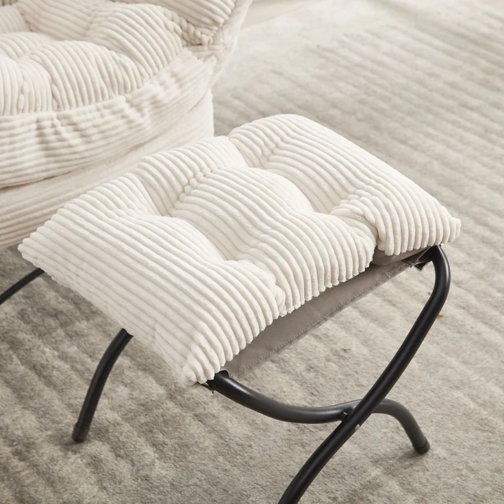 Flieks Loungesessel mit Hocker, ergonomischer Ohrensessel mit Stahlrahmen, weicher Cordstoff, Seitentasche, Beige – Bild 3