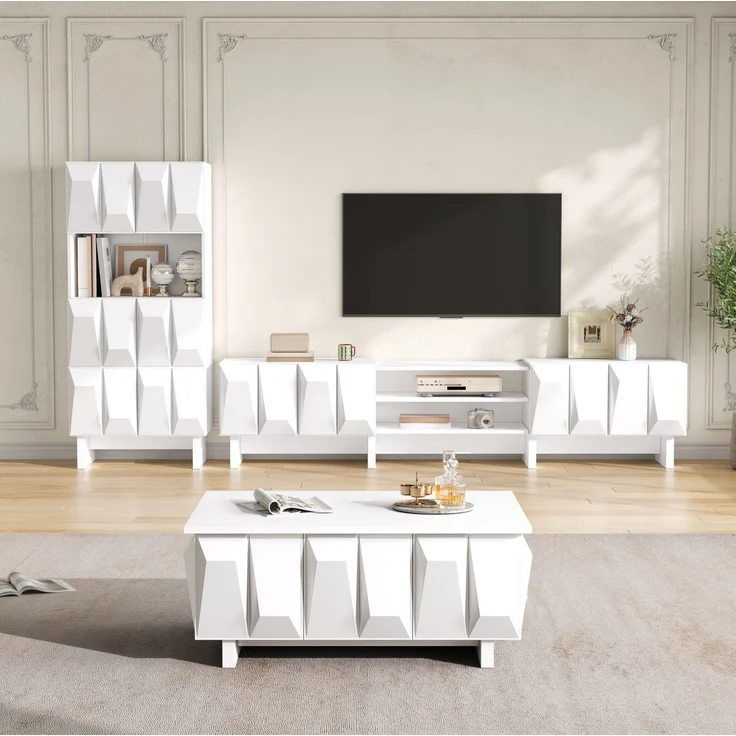 Wohnzimmermöbel-Set mit 3D-Front, TV-Lowboard 180x34x44,5 cm, Weiß – Bild 3