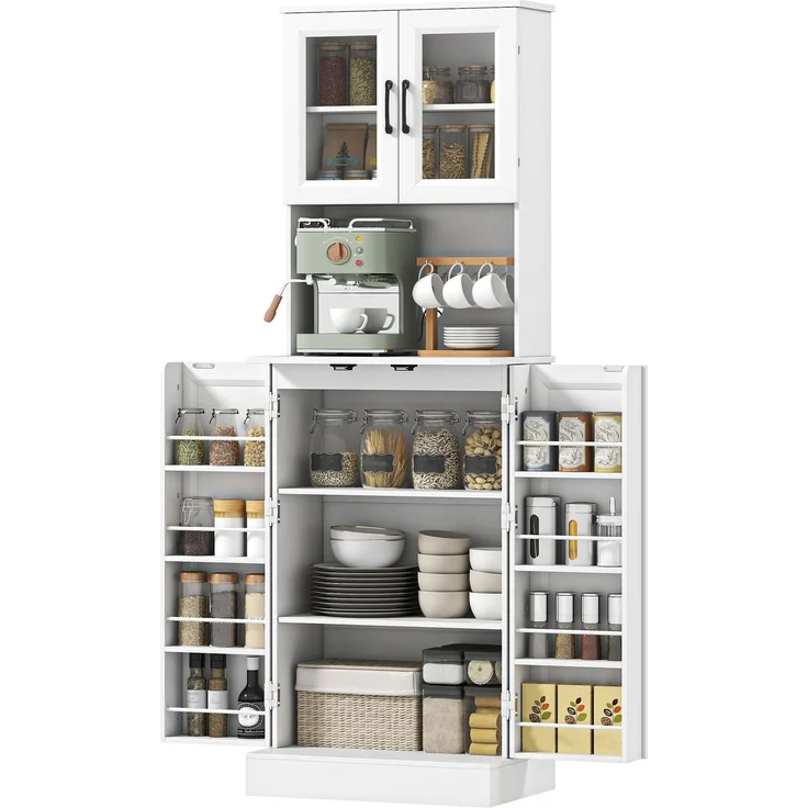 Wohnora-Küchenschrank, verstellbares Regal, Arbeitsplatte, Acryltüren, Kabelloch, für Wohnzimmer, Küche, Esszimmer, MDF, Weiß,H 1800cm x T 600cm x B 395cm – Bild 1