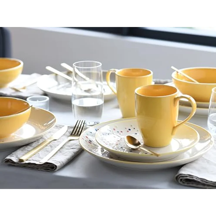 Creatable Kombiservice Joy, 16-teiliges Geschirr-Set in Creme und Gelb, handbemalt, lebensmittelecht, stapelbar, Keramik mit Punkten, 300 ml und 400 ml – Bild 2