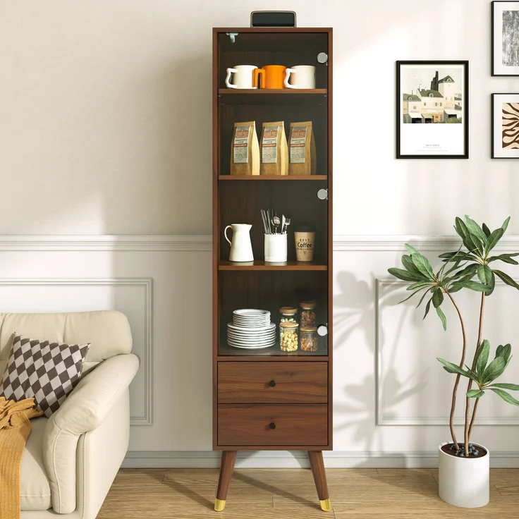 Moderner Hochschrank mit Glastür, Vitrinenschrank mit verstellbaren Regalen und 2 Schubladen, Standschrank für Wohnzimmer, Bad & Büro in Nussbaumholz-Optik--Nussbaum--39.8x35x160cm--YOUDENOVA – Bild 3