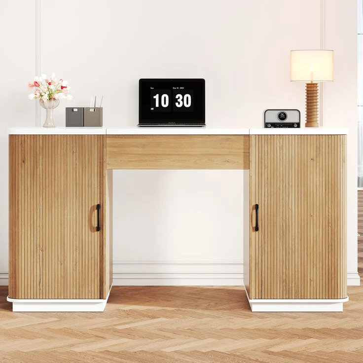 Schreibtisch 140x50x78/92 cm, manuell höhenverstellbar, MDF in Weiß und Eichenoptik – Bild 4