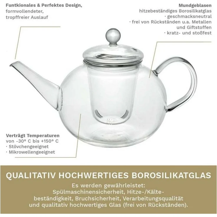 Creano Teekanne Creano Teekanne aus Glas 0,8l - Glasteekanne mit Glas-Sieb und Deckel, 1x Glasteekanne mit Glassieb – Bild 3