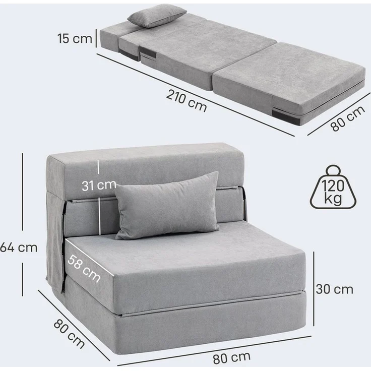 HOMCOM Schlafsofa Klappbar Sessel mit Verstellbarer Rückenlehne Kissen Gästebett, Gästebett 1 Teile, 3-in-1 Schlafsessel, klappbar, platzsparend – Bild 3