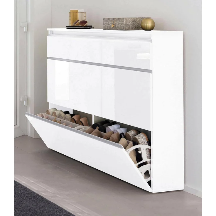 Dmora - Schuhregal Piero, Mehrzweckschrank mit 2 Türen und 1 Klapptür, Schuhregal für den Eingangsbereich, 100 % Made in Italy, 120 x 27 x 108 cm, glänzend weiß, – Bild 2