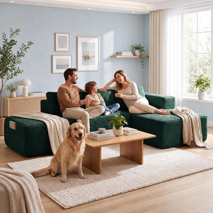 COMHOMA Ecksofa mit Schlaffunktion, 228cm Corduroy Modulares Boneless Couch mit Chaiselongue & Rücken-Metallgestell, L-Form Schlafsofa mit offenem Design, Kissen & Seitentaschen,für Wohnzimmer, Grün-L – Bild 3