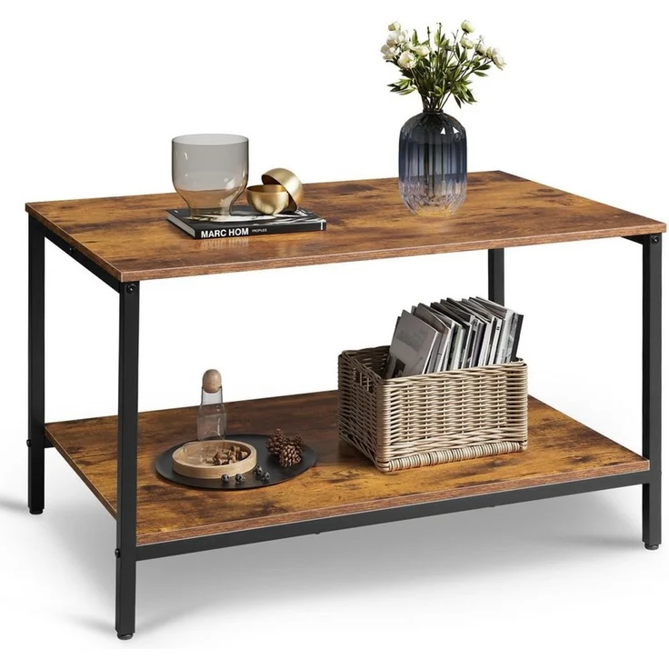 WLIVE Couchtisch Kleiner Wohnzimmertisch im Vintage-Industrial Design, (80 cm Sofatisch im Vintage Industrie Design mit Metallgestell, 80 × 46 × 50 cm, 1 Tisch), 2 Ablagen, Metallgestell, verstellbare Füße, 60 kg Tragkraft – Bild 2
