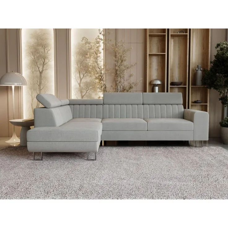 GrainGold Ecksofa mit Schlaffunktion und Bettkasten BERONA L - 255x190 cm, Grau, verstellbare Kopfstützen, Samt