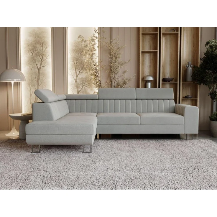GrainGold Ecksofa mit Schlaffunktion und Bettkasten BERONA L - 255x190 cm, Grau, verstellbare Kopfstützen, Samt – Bild 1