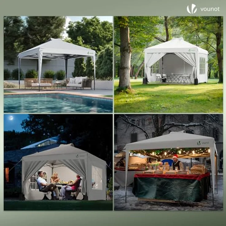 VOUNOT Pavillon 3x3 m Wasserdicht Stabil Winterfest, Pop Up Faltpavillon mit 4 Seitenteilen und 6 Sandsäcke, Faltbar Partyzelt Gartenzelt Gartenpavillon inkl. Tasche, Weiß – Bild 5
