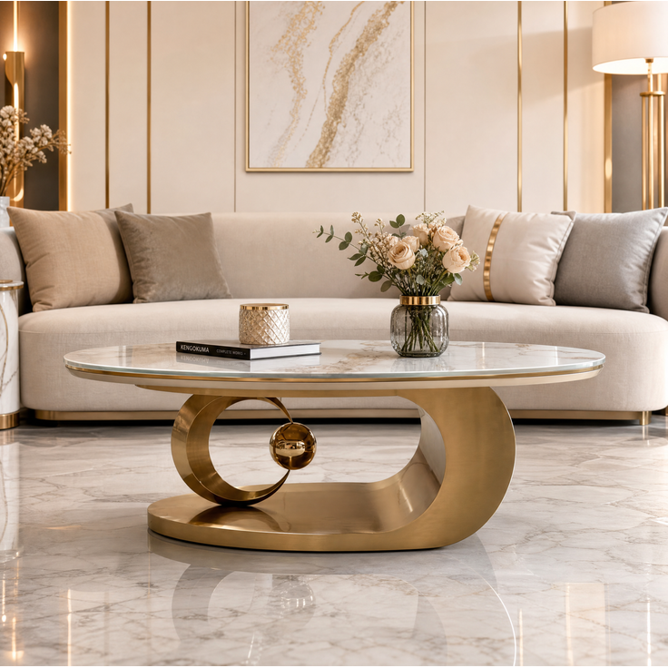 Ovaler Couchtisch 120 x 67 x 45 cm mit Tischplatte in weißer Marmoroptik und goldfarbenem Edelstahlgestell – Bild 5