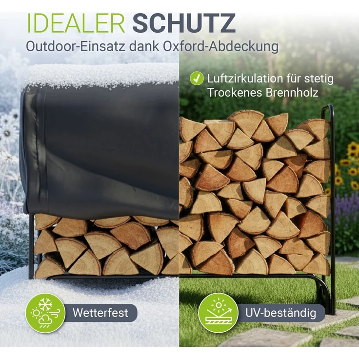 Juskys Kaminholzregal M 130x117x36 cm – Schwarz, Brennholzregal aus Stahl mit Abdeckung, Holzunterstand für Garten & Terrasse, 200 kg belastbar – Bild 3