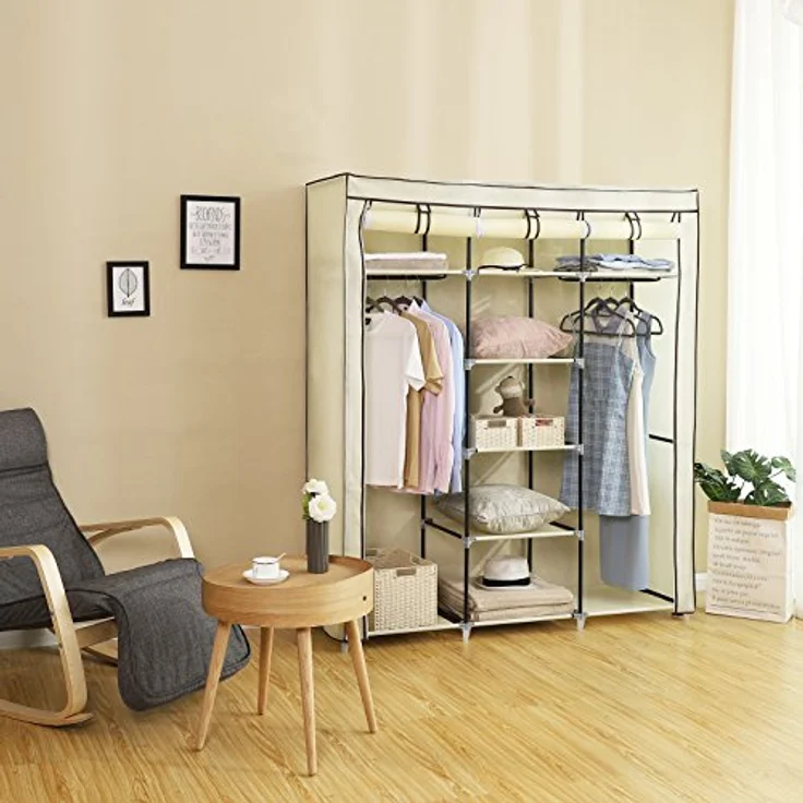 Songmics Kleiderschrank, Faltschrank, Stoffschrank, faltbare Garderobe mit 2 Kleiderstange, 175 x 150 x 45 cm, Beige RYG12M – Bild 5