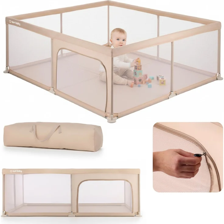sun baby Laufstall 150x200 cm 0-2 Jahre Beige, Polyester, Netzwände, Eingang mit Reißverschluss, rutschfeste Füße, Tragetasche im Set, Metallrahmen – Bild 1