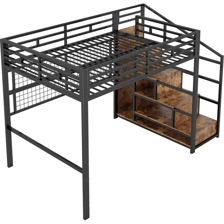 Hochbett mit RGB LED-Streifen, Rausfallschutz, 140x200cm, Treppe mit Regal und Kleiderschrank, Kinderbett, Metallbett – Bild 7