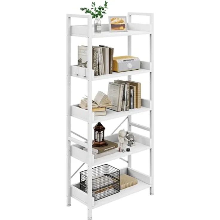 YITAHOME Bücherregal 5 Etagen, Bodenstehendes Bücherregal, Holzregal und stabiles Stahlrahmenregal mit 4 Haken Industrielles Lagerregal für Wohnzimmer, Heimbüro, Reinweißes – Bild 7