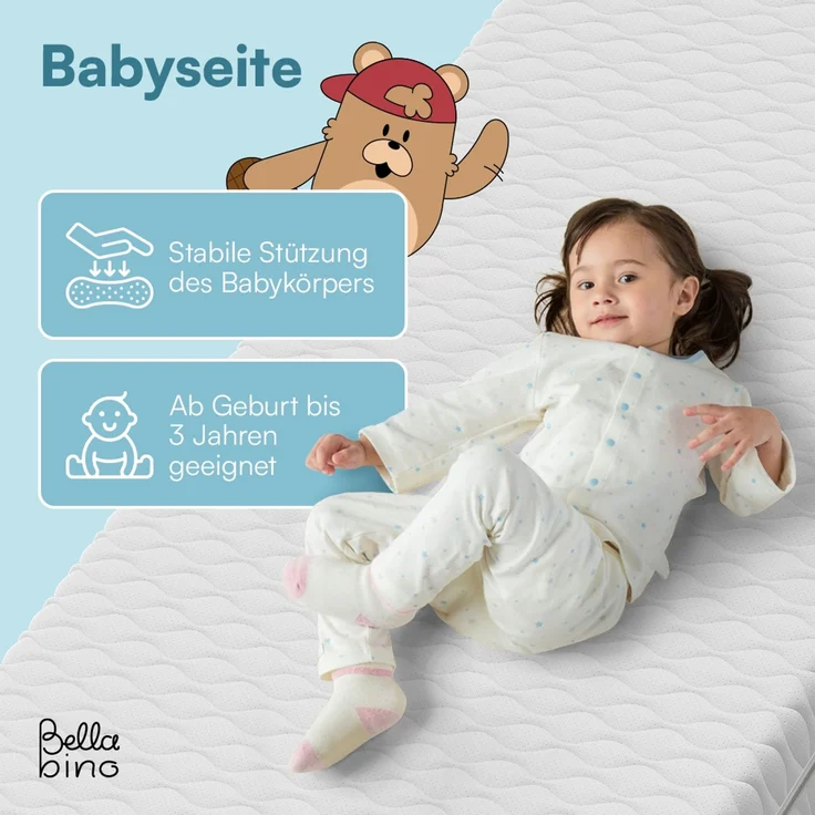 Bellabino 'Twist' Baby- und Kindermatratze 90x200 cm, Höhe 15 cm, Härtegrad H1/H2, wendbare 7-Zonen Kaltschaummatratze, abnehmbarer Bezug, Matratze für Kinder ab Geburt bis 13 Jahren – Bild 4
