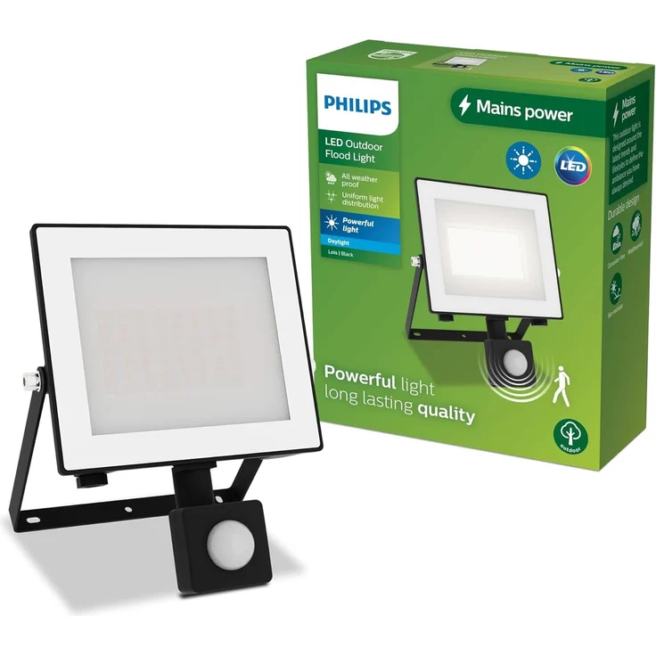 Philips Lois Flutlichtstrahler für den Außenbereich mit Sensor, 30 Watt, 5000K Tageslicht, Schwarz, Weißes Licht
