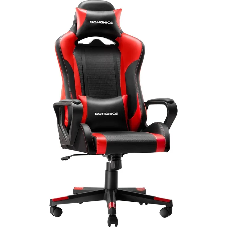 Gamingstuhl, Schreibtischstuhl, Computerstuhl, Bürostuhl, abnehmbare Kopfstütze, Lendenkissen, höhenverstellbar, Wippfunktion, bis 150 kg belastbar, ergonomisch, Schwarz-rot RCG011B01