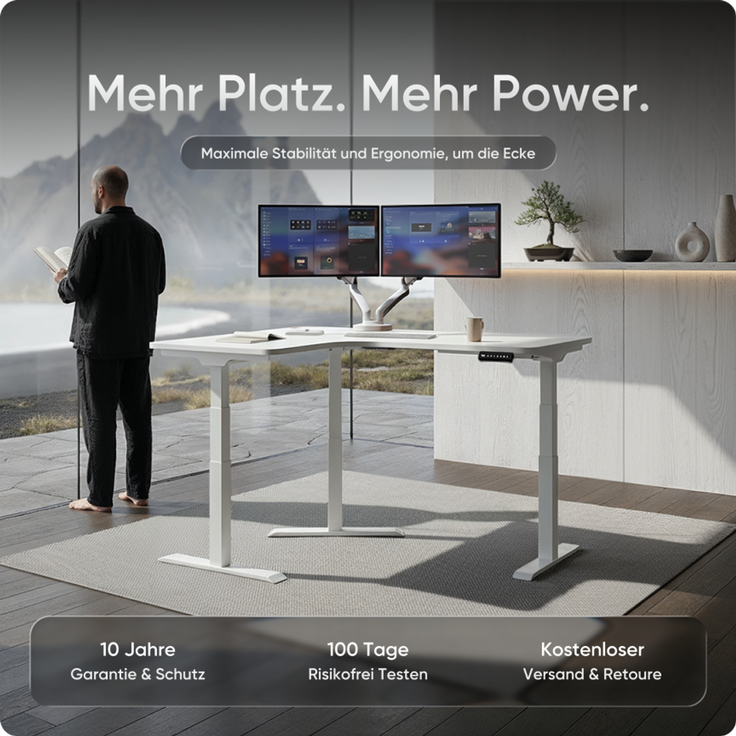 DESKSPACE CORNER Schreibtisch, Elektrisch höhenverstellbar, 160 x 130 x 70 cm, Weiße Tischplatte, Weißes Gestell – Bild 2