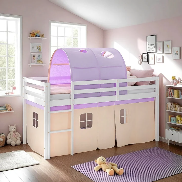 Hochbett Kinder 90x200 cm mit Matratze Kinderbett Kinderhochbett Stockbett Tunnel Vorhang Lila Peach Holz Lattenrost – Bild 2