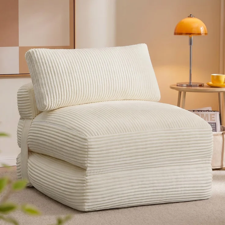 VASAGLE Schlafsessel aus Cord und Schaumstoff, Faltbares Sofabett mit Kissen, 89 x 89 x 78 cm / 89 x 195 x 43 cm, Warmweiß, für Gästezimmer, Camila Kollektion LCS211W101