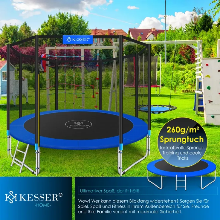 KESSER® - Trampolin | TÜV SÜD GS Zertifiziert | Komplettset mit Sicherheitsnetz, Leiter, Randabdeckung & Zubehör | Kindertrampolin Gartentrampolin Belastbarkeit 150 kg Blau, 305 cm – Bild 6