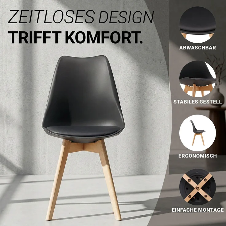 Küchenstuhl Schwarz Stuhl Holz modern Kunststoff Esszimmerstuhl Schalenstuhl Essstuhl Holzstuhl – Bild 4