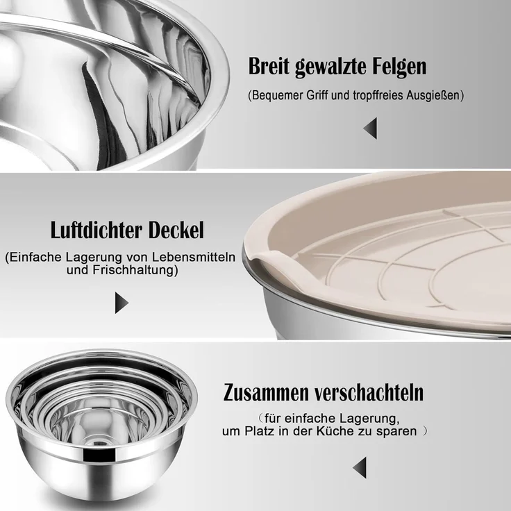 Homikit Edelstahl Rührschüssel Set 5tlg. Luftdicht Deckel 4.5L 2.7L 1.5L 1.2L – Bild 3