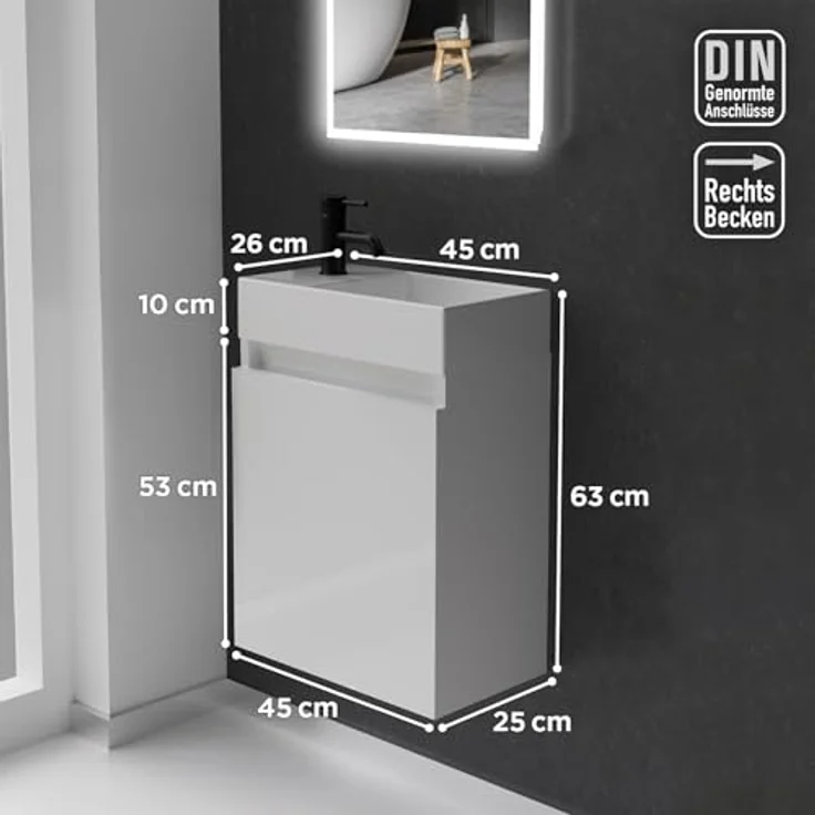 Alpenberger Badmöbel-Set Gäste WC Waschbecken mit Unterschrank - Badschrank Hängend, (2-tlg. Waschtisch Set Weiß, Waschbeckenunterschrank mit Softclose), Waschplätze für Kleine Bäder - Badschrank Hängend und Vormontiert – Bild 7