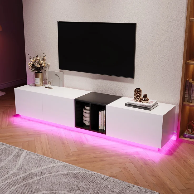 Moderner TV-Schrank weiß/schwarz, 190x40x35 cm, mit Schubladen & Regalen – Bild 3